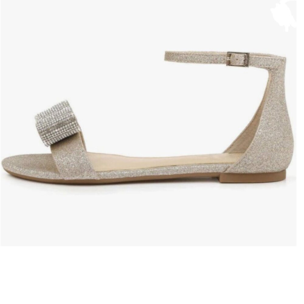 XYD Glitter Champagne Bows Studded Flats Ankle Strap Sandals Open Toe Dress Shoe